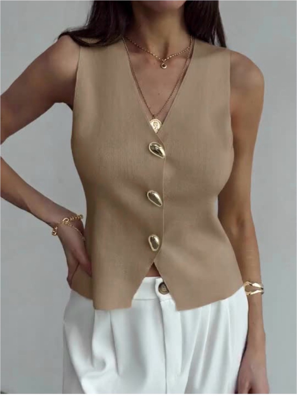 Sleeveless V-Neck Knit Top with Gold Buttons - Beige